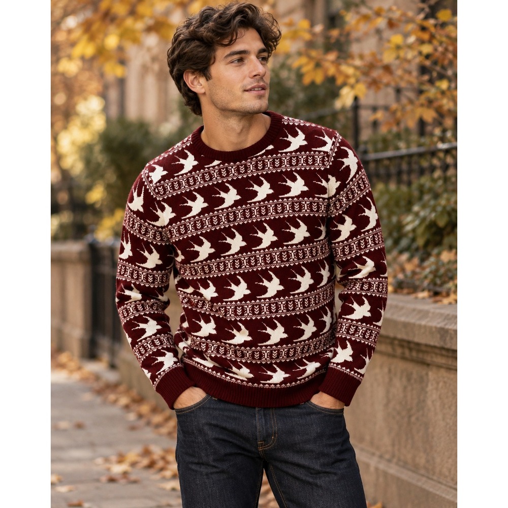 New Look Men Sweater Small Burgundy Cream Bird Swallow Fair Isle Knit Pullover